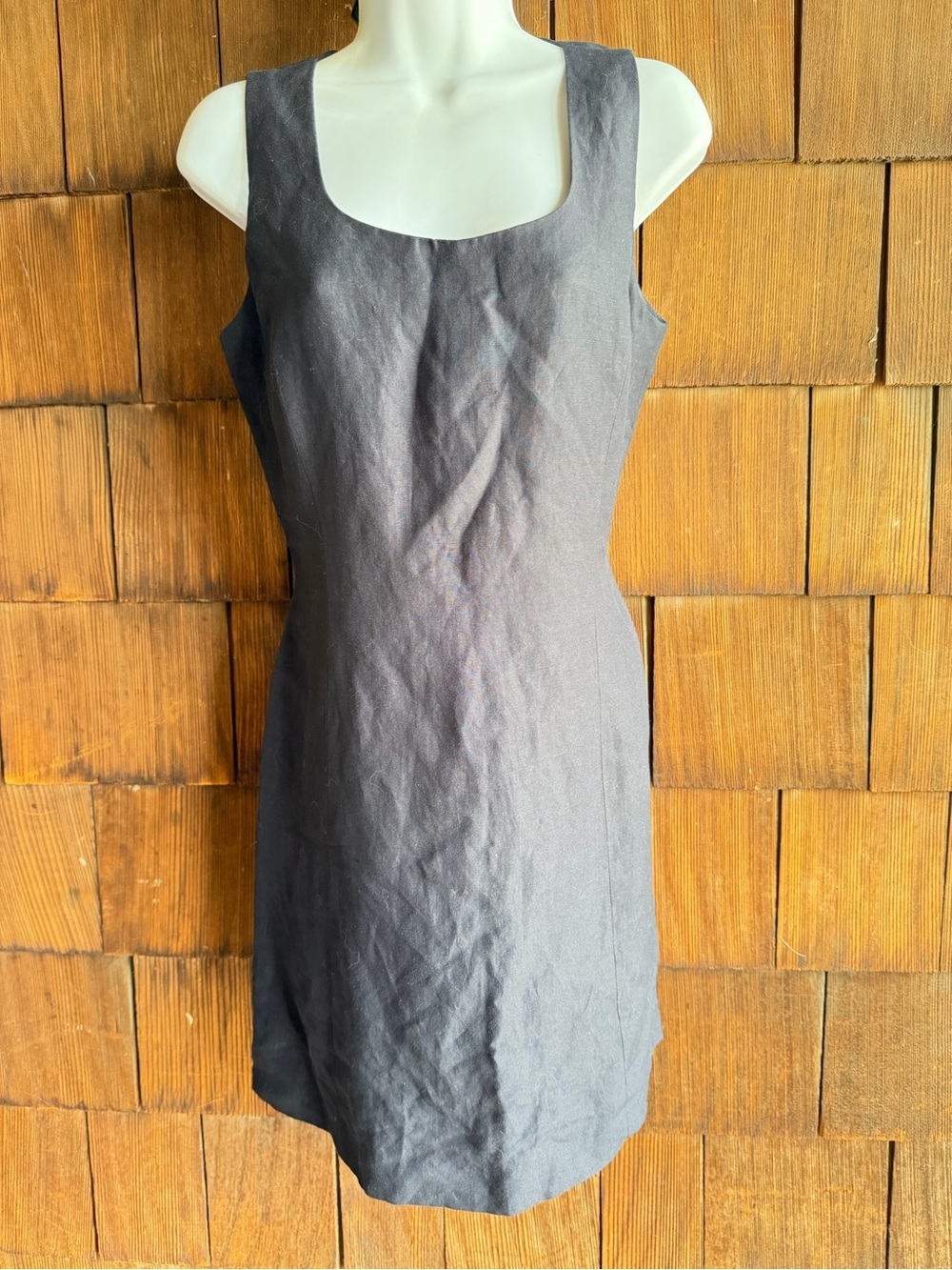 Vintage Ann Taylor Classic Square Neck Sleeveless Navy Linen Shift Dress - Picture 7 of 9